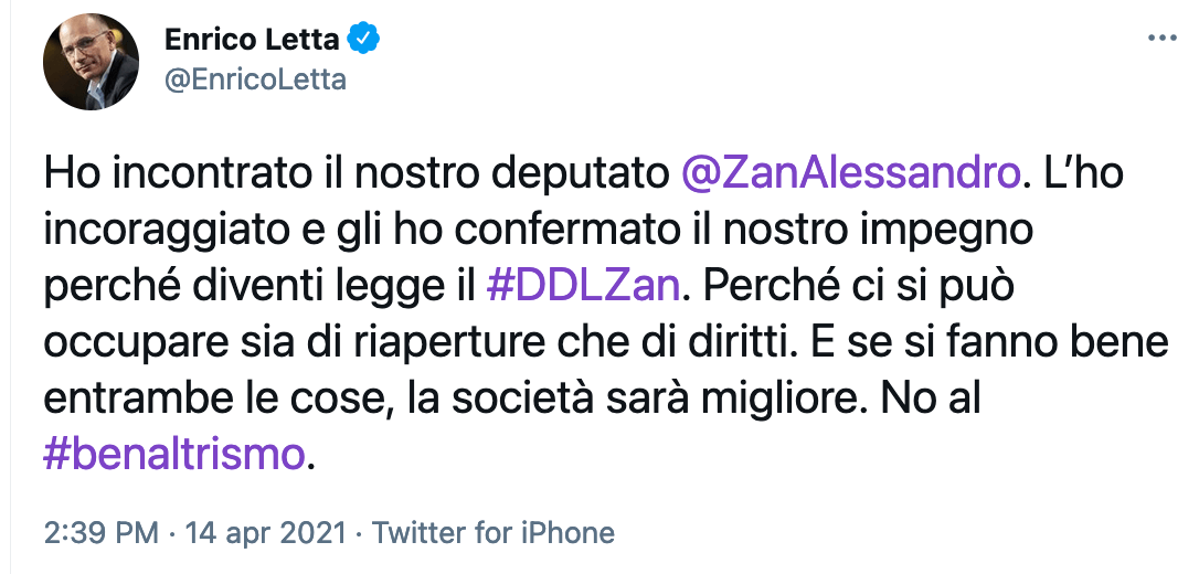 Enrico Letta: "Il DDL Zan diventi legge, ci si può occupare sia di riaperture che di diritti. No al benaltrismo" - Enrico Letta 1 - Gay.it
