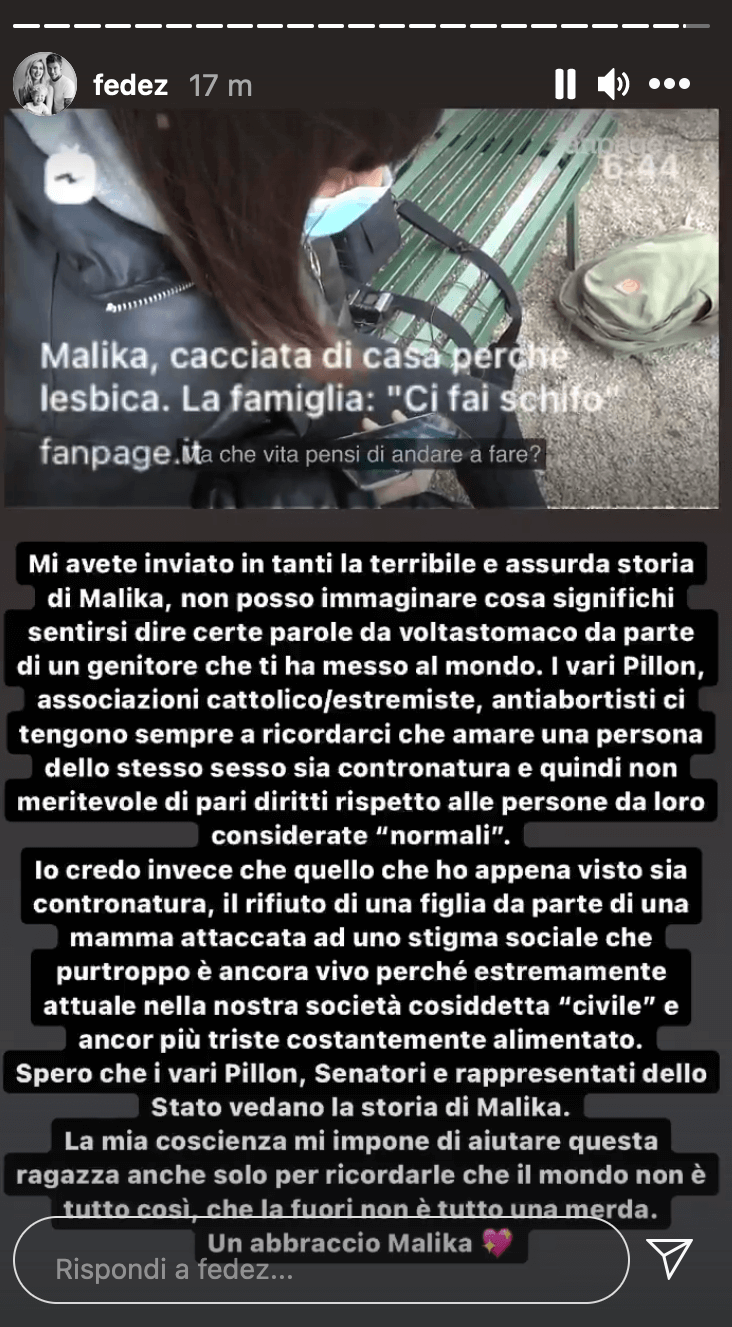 Fedez: "Spero che i senatori vedano la storia di Malika, ad essere contronatura è una mamma/società omofoba" - Fedez per Malika 1 - Gay.it