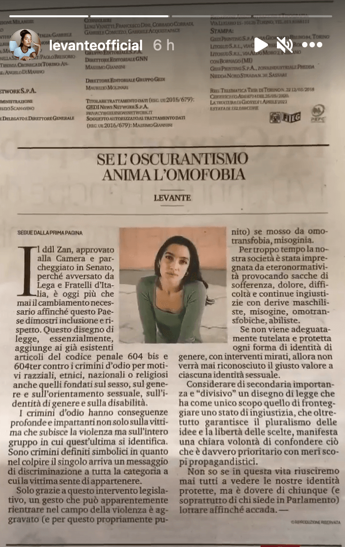 Levante: "Il DDL Zan è il cambiamento necessario affinché l'Italia dimostri inclusione e rispetto" - Levante Omofobia - Gay.it