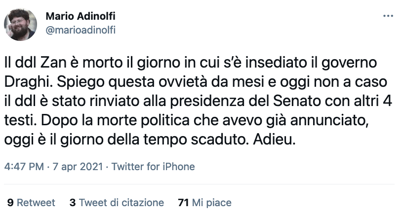 Alessandro Zan: "Ora Ostellari ha esaurito tutti gli alibi, non ci sono più scuse. Il tempo è scaduto" - Mario Adinolfi 1 - Gay.it