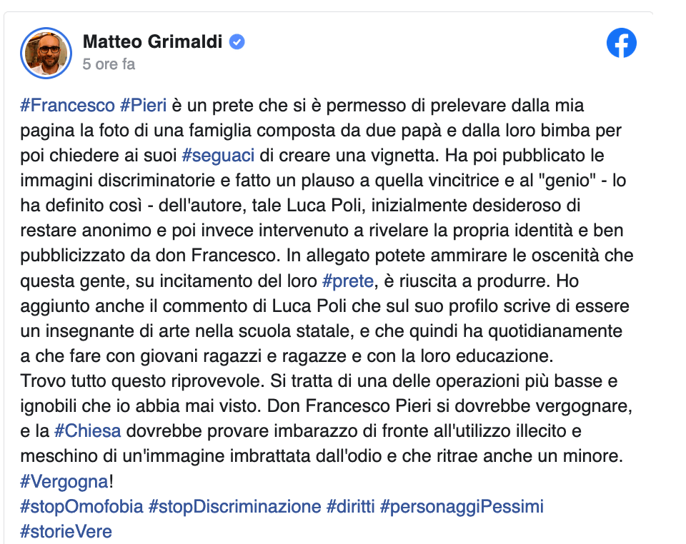Matteo Grimaldi denuncia: prete utilizza foto con due papà gay per un contest omofobo - Matteo Grimaldi - Gay.it