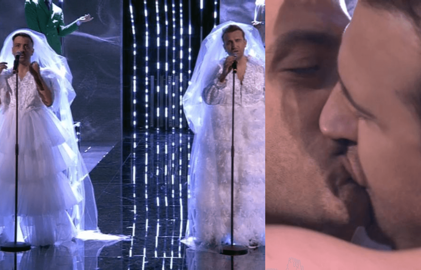 Pio e Amedeo vestiti da sposa nella parodia di (e con) Achille Lauro, e scatta il bacio – VIDEO