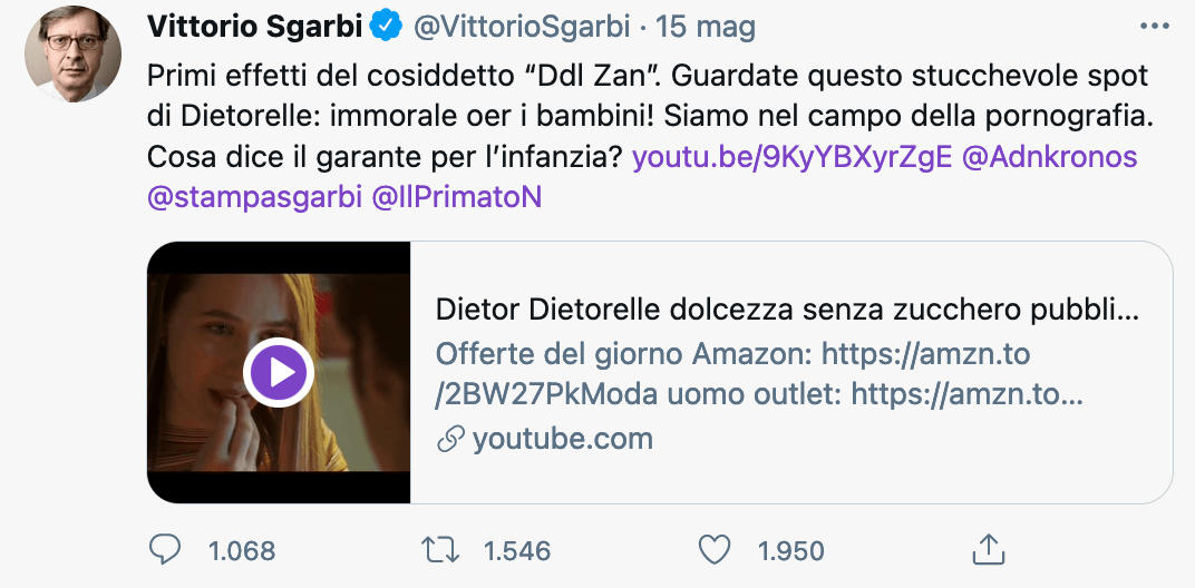 Bacio tra due donne nello spot Dietorelle, Vittorio Sgarbi: "Primi effetti del DDL Zan, immorale e pornografico" - VIDEO - Bacio tra due donne nello spot Dietorelle Vittorio Sgarbi - Gay.it