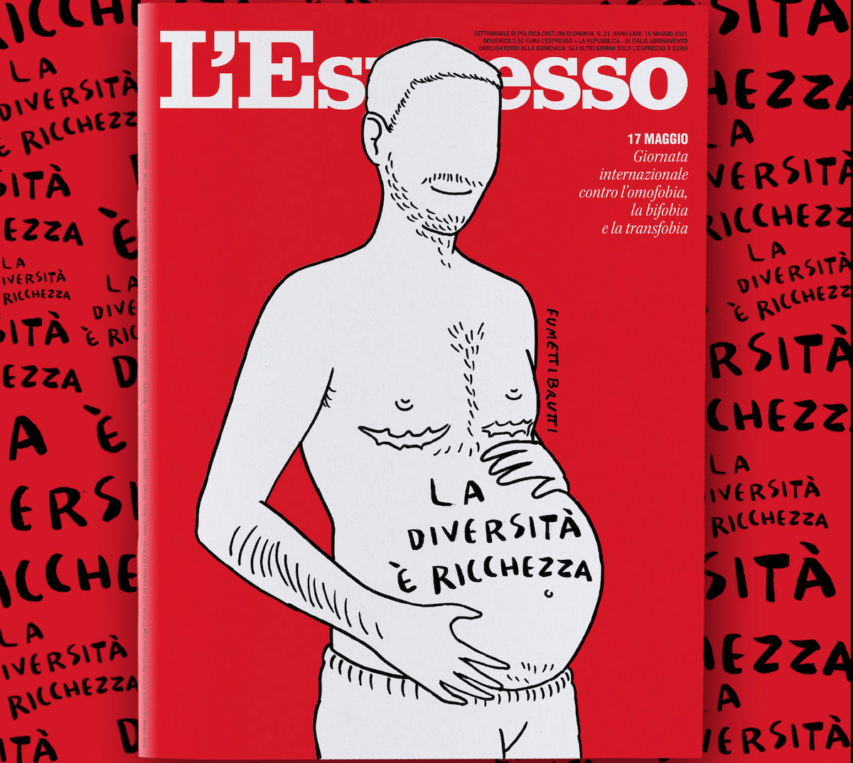 Un uomo FtoM incinto sulla copertina di FumettiBrutti dell’Espresso: pioggia di like e insulti transfobici