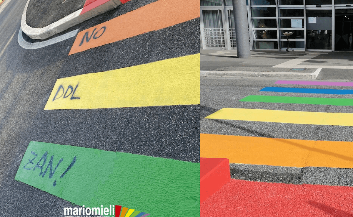 Fiumicino, subito imbrattate le strisce pedonali arcobaleno: “No DDL Zan”