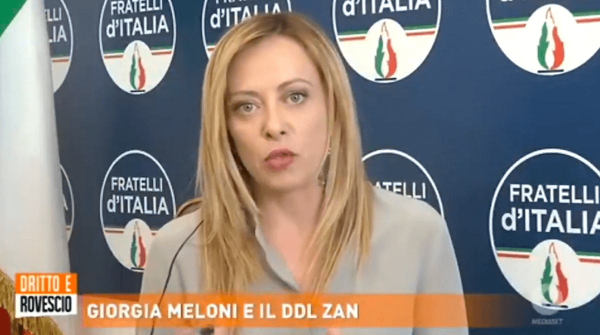 DDL Zan, Giorgia Meloni in diretta tv: “Legge che inserisce un reato di opinione” – VIDEO