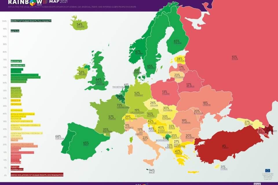 Rainbow Europe Map 2021, Italia al 35° posto su 49 Paesi per uguaglianza e tutela delle persone LGBT - Omofobia Europa 2021 - Gay.it