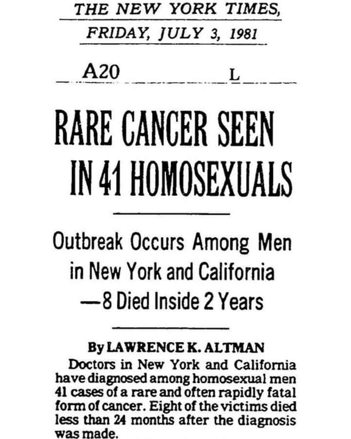 "Raro cancro in 41 omosessuali": 40 anni fa il primo articolo stampa sull'AIDS - Raro cancro in 41 omosessuali - Gay.it