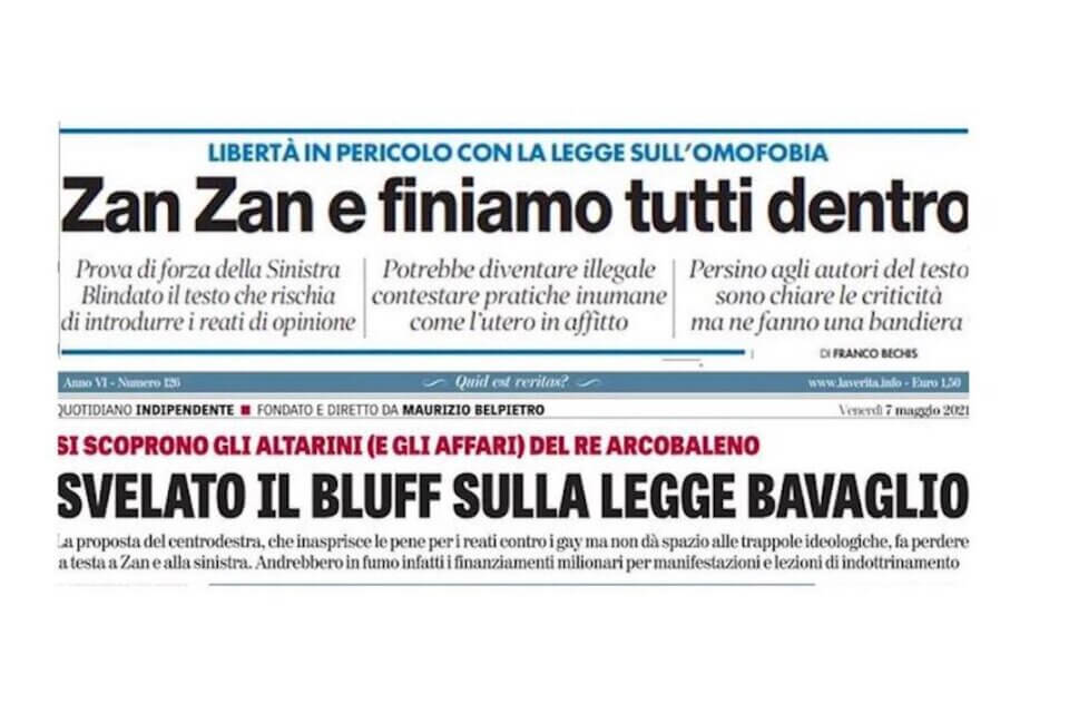 DDL Zan, Il Tempo in prima pagina: "Finiamo tutti in galera. Libertà in pericolo" - il tempo ddl zan 1 - Gay.it