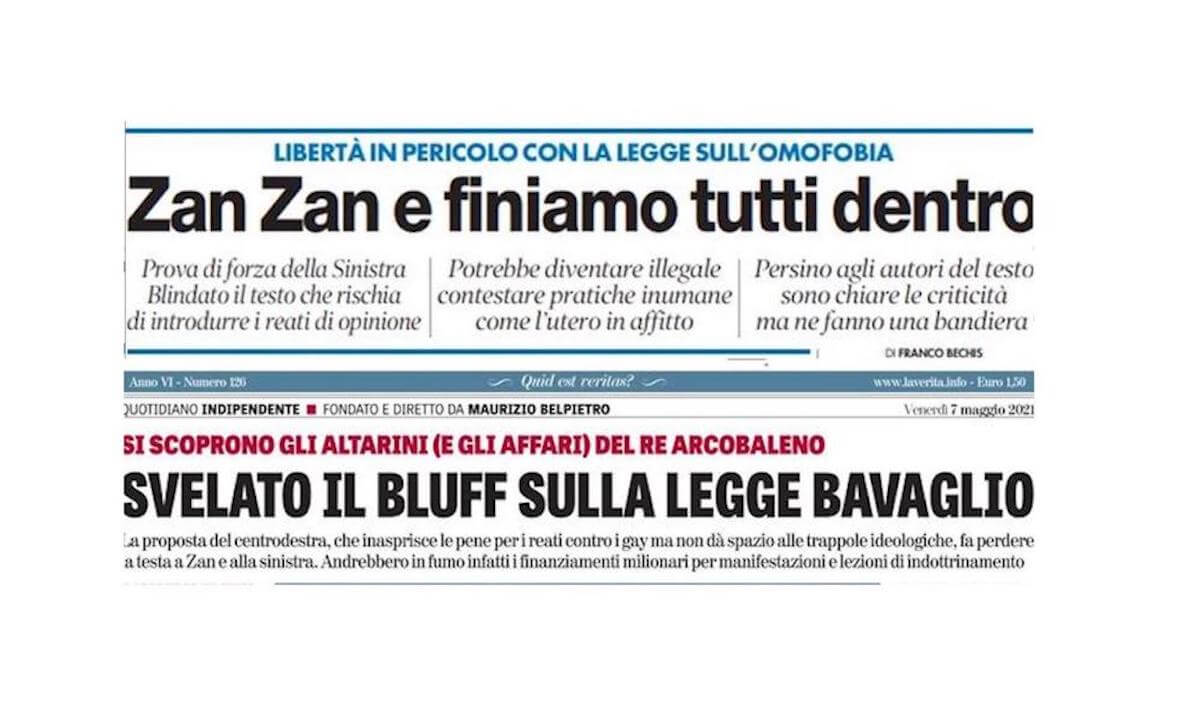 DDL Zan, Il Tempo in prima pagina: “Finiamo tutti in galera. Libertà in pericolo”