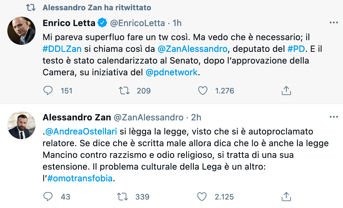 Zan vs. Ostellari: "Il problema culturale della Lega è l’omotransfobia" - zan letta 1 - Gay.it