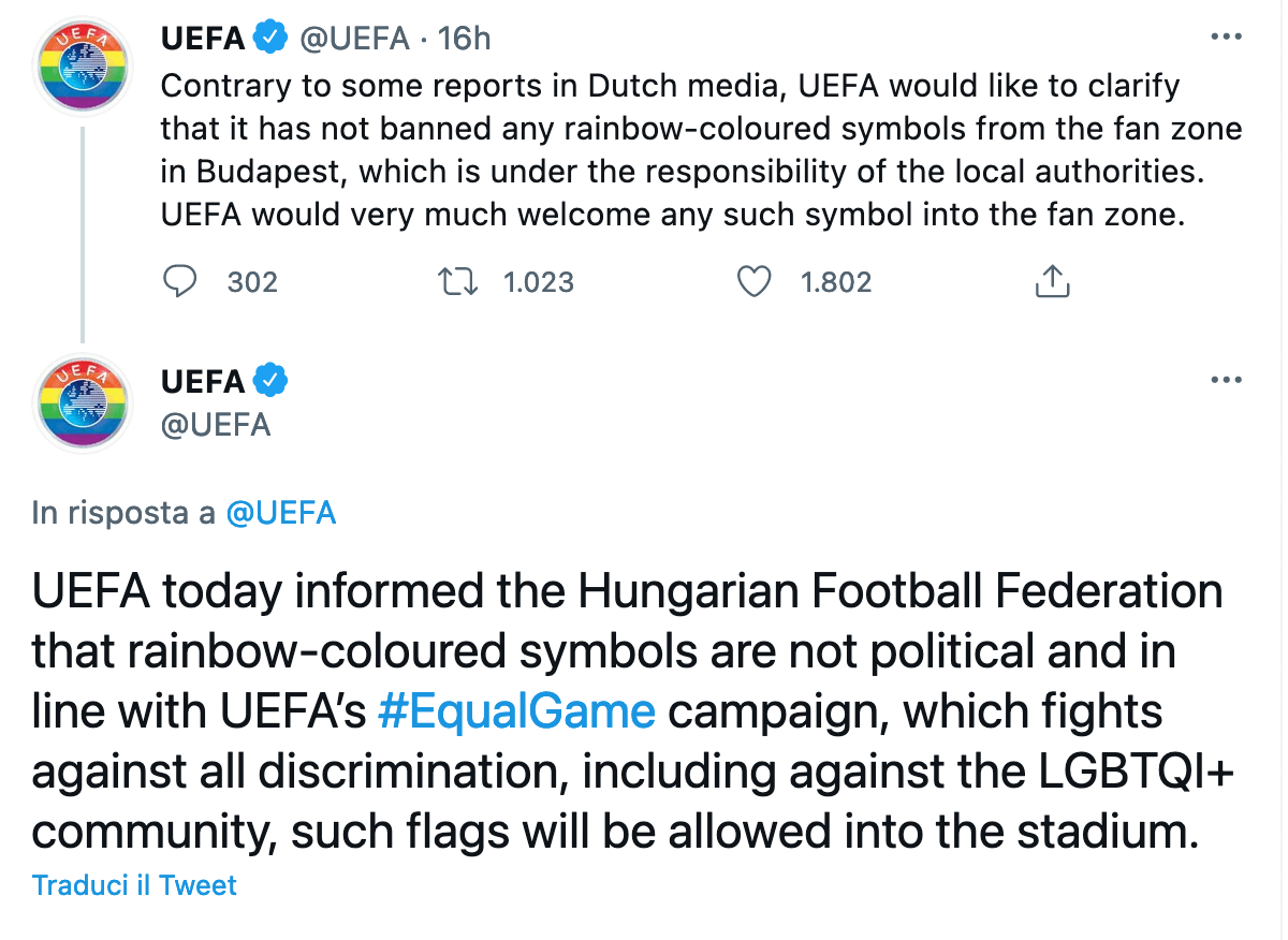 Euro 2020, precisazione UEFA: "L'arcobaleno non è simbolo politico, ok bandiere rainbow negli stadi" - Euro 2020 retromarcia UEFA 1 - Gay.it