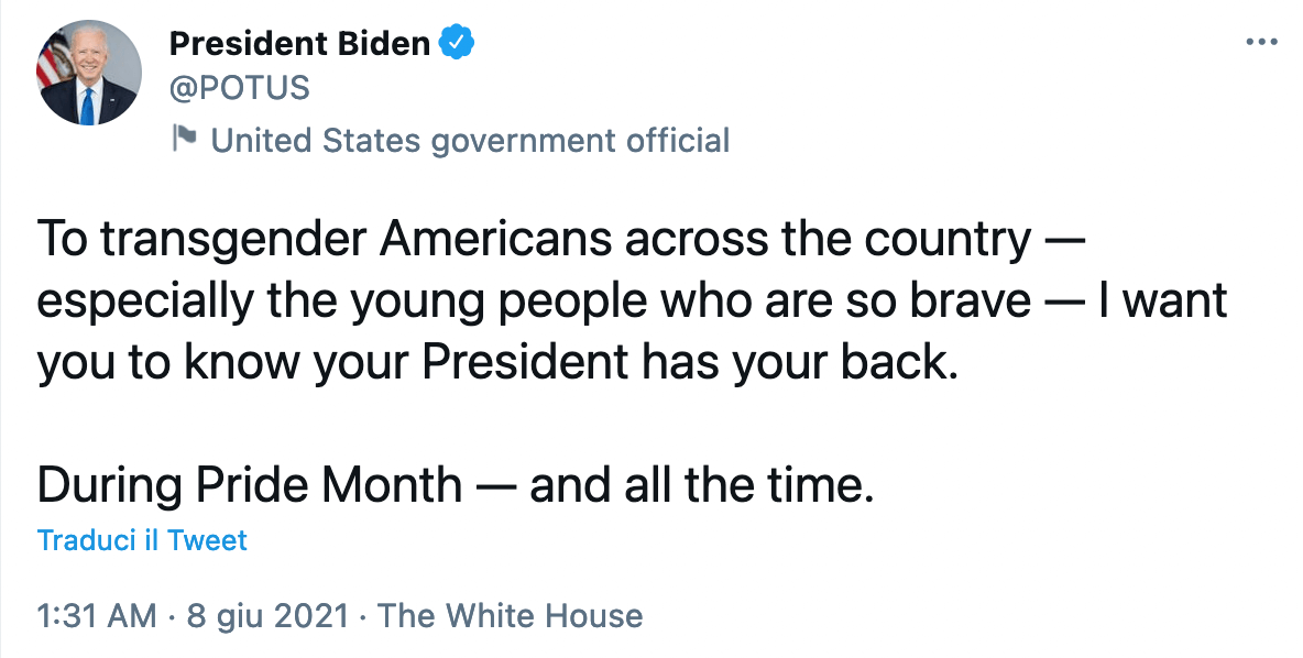 Record di persone trans uccise negli USA, Joe Biden: "Vi coprirò le spalle" - Joe Biden transgender tweet - Gay.it