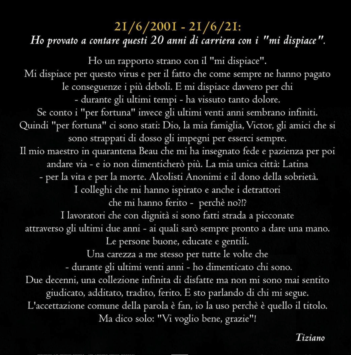 Tiziano Ferro festeggia 20 anni di carriera: "Una carezza per tutte le volte che ho dimenticato chi sono" - Tiziano Ferro festeggia 20 anni di carriera 2 - Gay.it