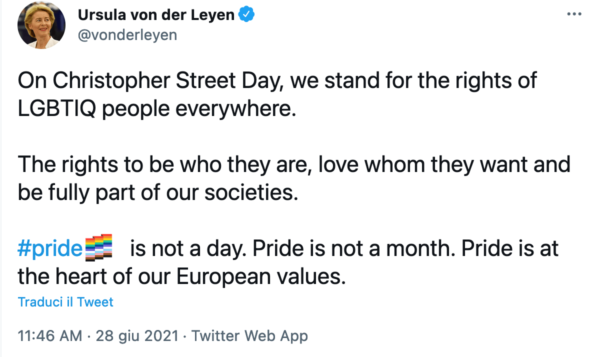 Ursula Von der Leyen celebra il Pride: "Difendiamo ovunque i diritti delle persone LGBTIQ" - Ursula Pride - Gay.it