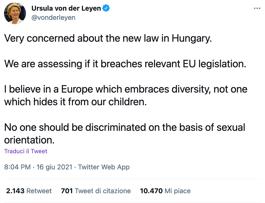 Ursula von der Leyen: "Preoccupati per la legge ungherese, stiamo valutando se vìoli la legislazione UE" - Ursula von der Leyen - Gay.it