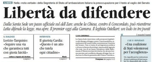 Vaticano vs DDL Zan: le prime pagine dei giornali - avvenire - Gay.it