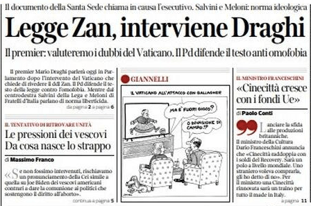 Vaticano vs DDL Zan: le prime pagine dei giornali - corriere - Gay.it