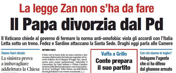 Vaticano vs DDL Zan: le prime pagine dei giornali - libero - Gay.it