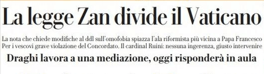 Vaticano vs DDL Zan: le prime pagine dei giornali - repubblica - Gay.it