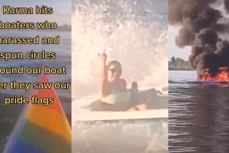 Motoscafo con a bordo omofobi prende fuoco subito dopo che hanno insultato turisti LGBT. Virale l’hashtag #Karmaisreal – video