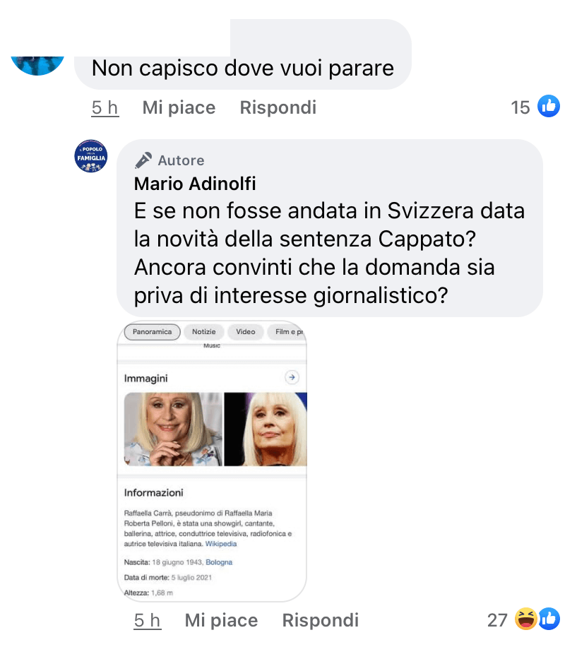Adinolfi fa sciacallaggio su Raffaella Carrà: "Perché nessuno scrive dov'è morta? Ci sono foto di parenti e amici?" - Mario Adinolfi Raffaella Carra 2 1 - Gay.it