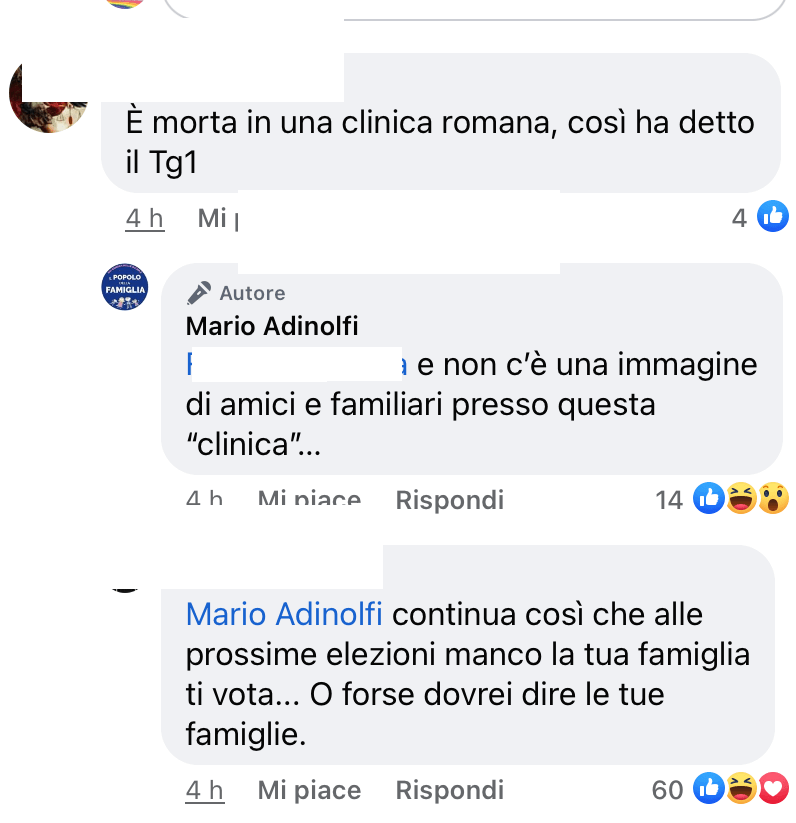 Adinolfi fa sciacallaggio su Raffaella Carrà: "Perché nessuno scrive dov'è morta? Ci sono foto di parenti e amici?" - Mario Adinolfi Raffaella Carra - Gay.it
