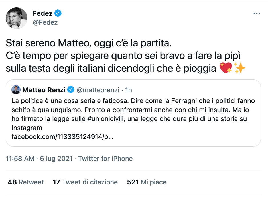DDL Zan, scontro social tra Chiara Ferragni e Matteo Renzi: "La politica? Che schifo". E lui le chiede un contraddittorio - Schermata 2021 07 06 alle 12.01.30 - Gay.it