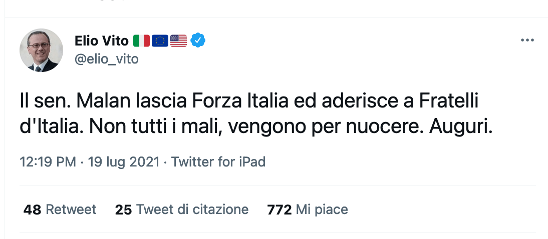 Lucio Malan passa a Fratelli d'Italia, Giorgia Meloni lo accoglie: "Tra i più attivi 'combattenti' contro il DDL Zan" - Schermata 2021 07 19 alle 15.29.02 - Gay.it
