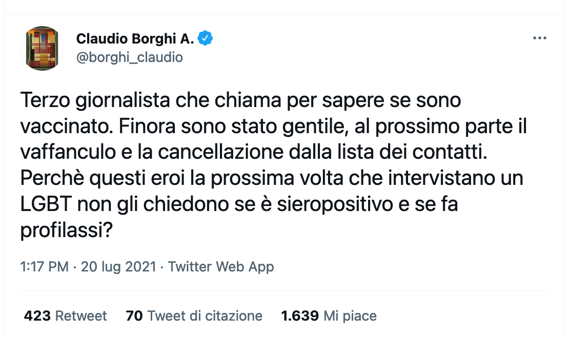 Borghi, il leghista senza vergogna: "Basta chiedermi se sono vaccinato. Chiedete agli LGBT se hanno l'HIV" - Schermata 2021 07 20 alle 15.19.49 1 - Gay.it