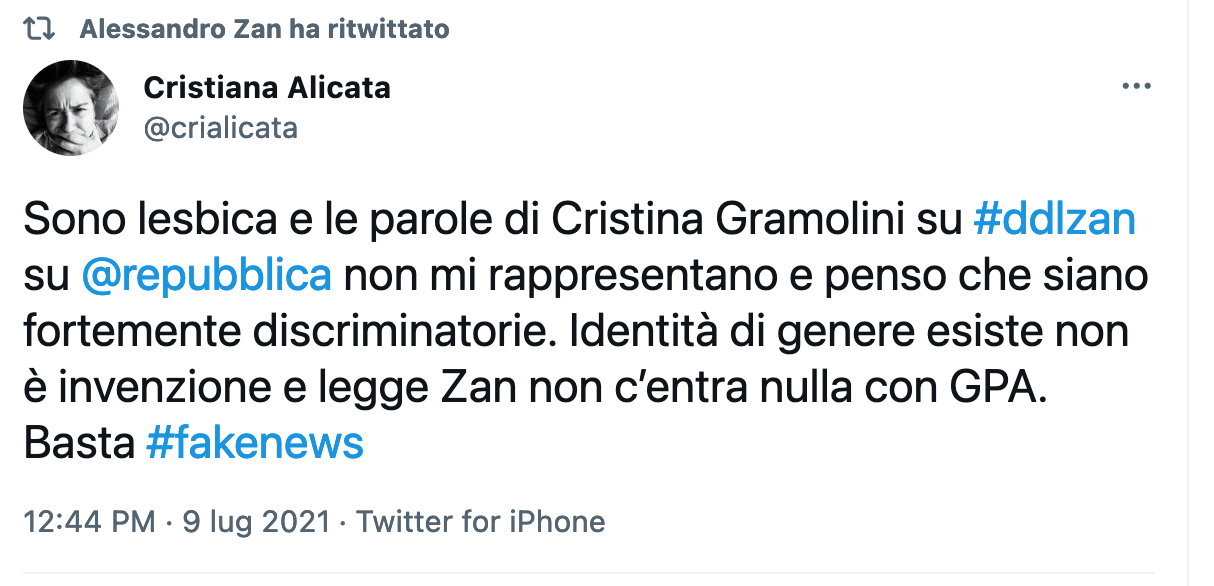 DDL Zan, la presidente di Arcilesbica applaude Renzi: "È una cattiva legge, minaccia i diritti delle donne" - alicata - Gay.it