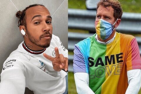Hamilton applaude Vettel per la maglia rainbow: "La indosserò anche io, una stron*ata la sanzione" - Hamilton e Vettel vs. Orban - Gay.it