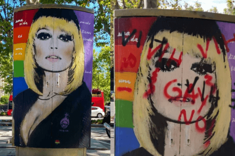 Il murale a Barcellona in onore di Raffaella Carrà vandalizzato con frasi omofobe: "No gay, HIV" - Raffaella Carra - Gay.it