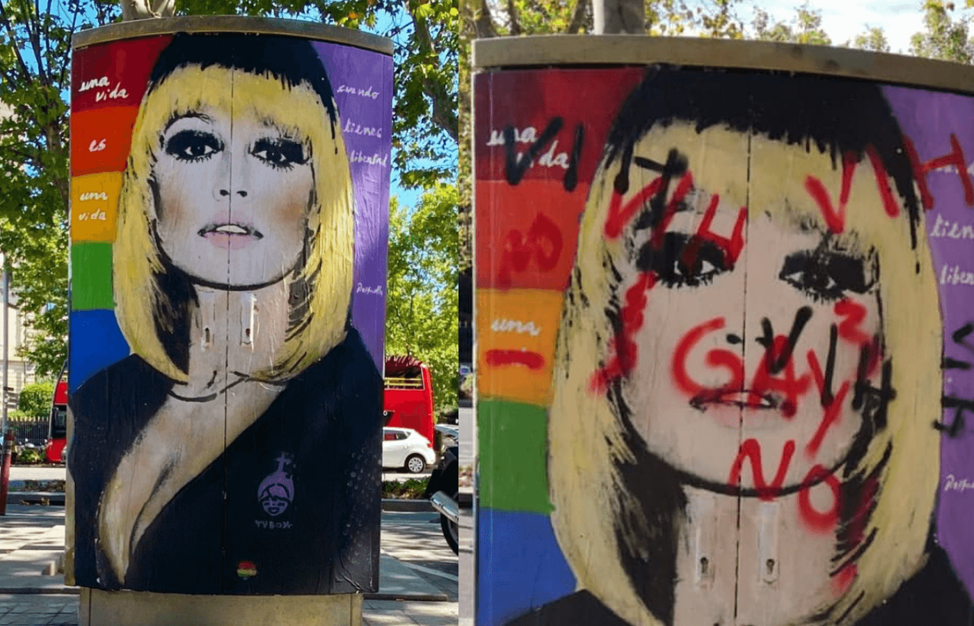 Il murale a Barcellona in onore di Raffaella Carrà vandalizzato con frasi omofobe: “No gay, HIV”