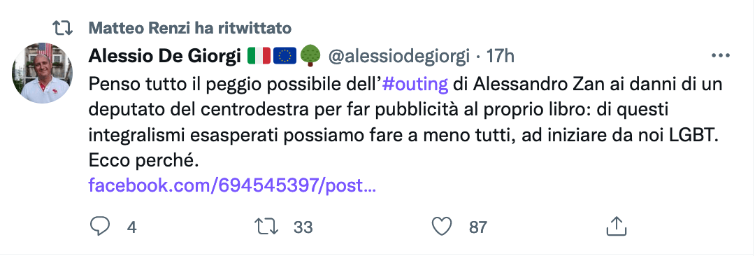 Alessio De Giorgi: "Penso tutto il peggio dell’outing di Alessandro Zan ai danni di un senatore leghista" - Matteo Renzi - Gay.it