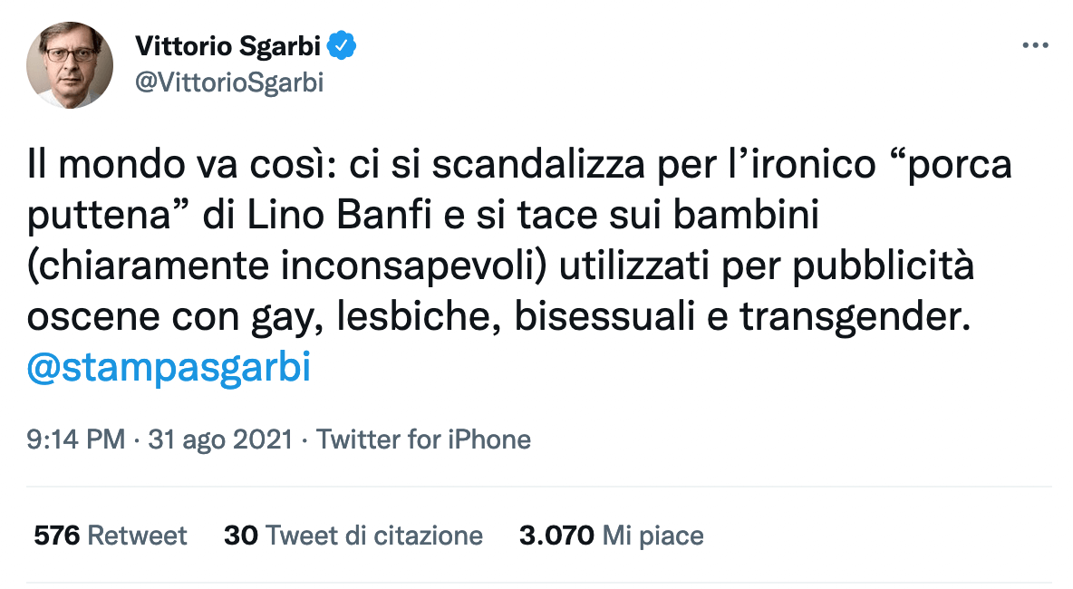 Vittorio Sgarbi: "Ci si scandalizza per Lino Banfi e non per le pubblicità oscene con LGBT" - Sgarbi - Gay.it