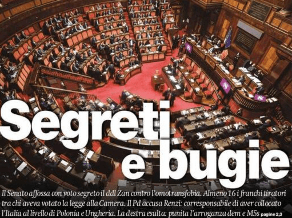 DDL Zan, le prime pagine dei giornali dopo la bocciatura in Senato