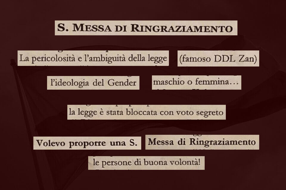 Bufera sulla messa di ringraziamento per lo stop al DDL Zan. Anche la Curia si dissocia dal prete di San Zenone