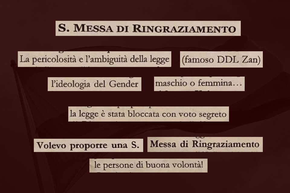 Bufera sulla messa di ringraziamento per lo stop al DDL Zan. Anche la Curia si dissocia dal prete di San Zenone