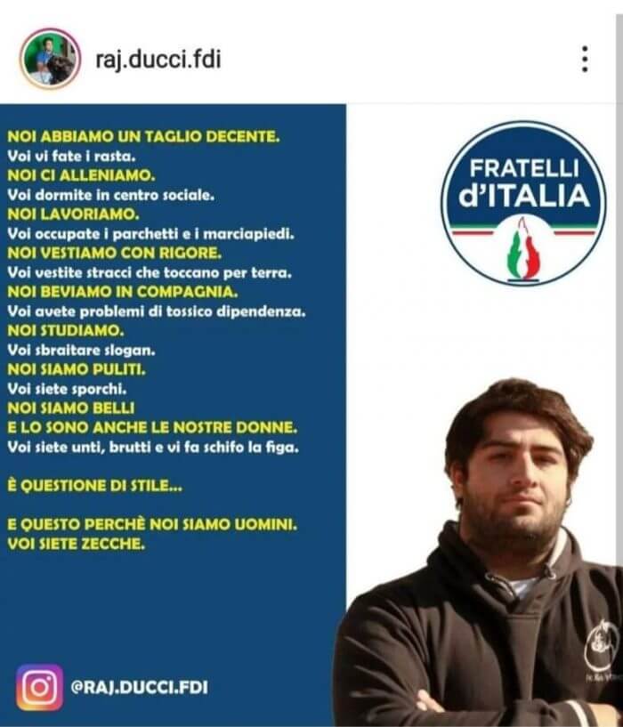 Raj Ducci, attivista di Fratelli d'Italia espulso dal partito: "Noi belli, voi unti, brutti e vi fa schifo la fi*a" - Raj Ducci - Gay.it