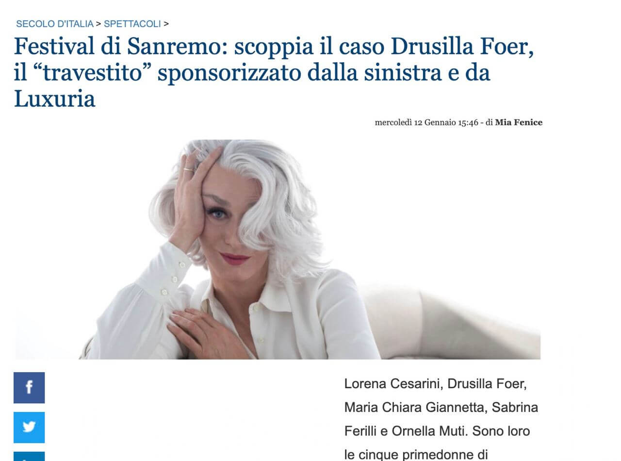 Sanremo 2022, Pillon vs. Drusilla Foer: "Perché non un papà conservatore?". E Tommaso Zorzi lo stronca - Drusilla Foer eIl Secolo dItalia - Gay.it