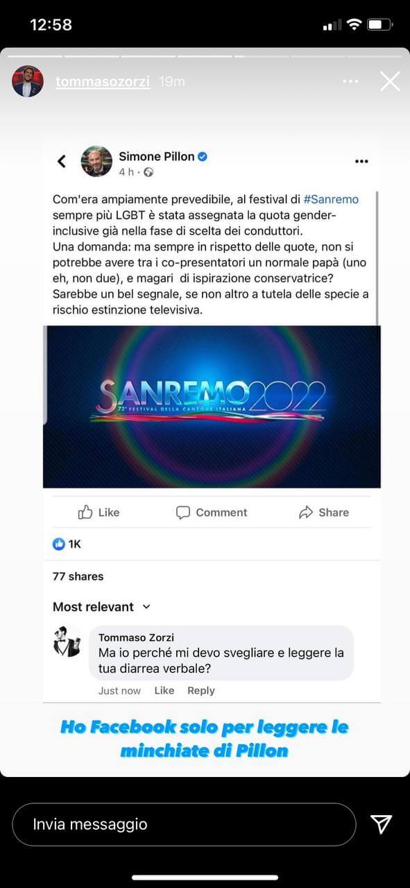 Sanremo 2022, Pillon vs. Drusilla Foer: "Perché non un papà conservatore?". E Tommaso Zorzi lo stronca - Zorzi vs Pillon - Gay.it