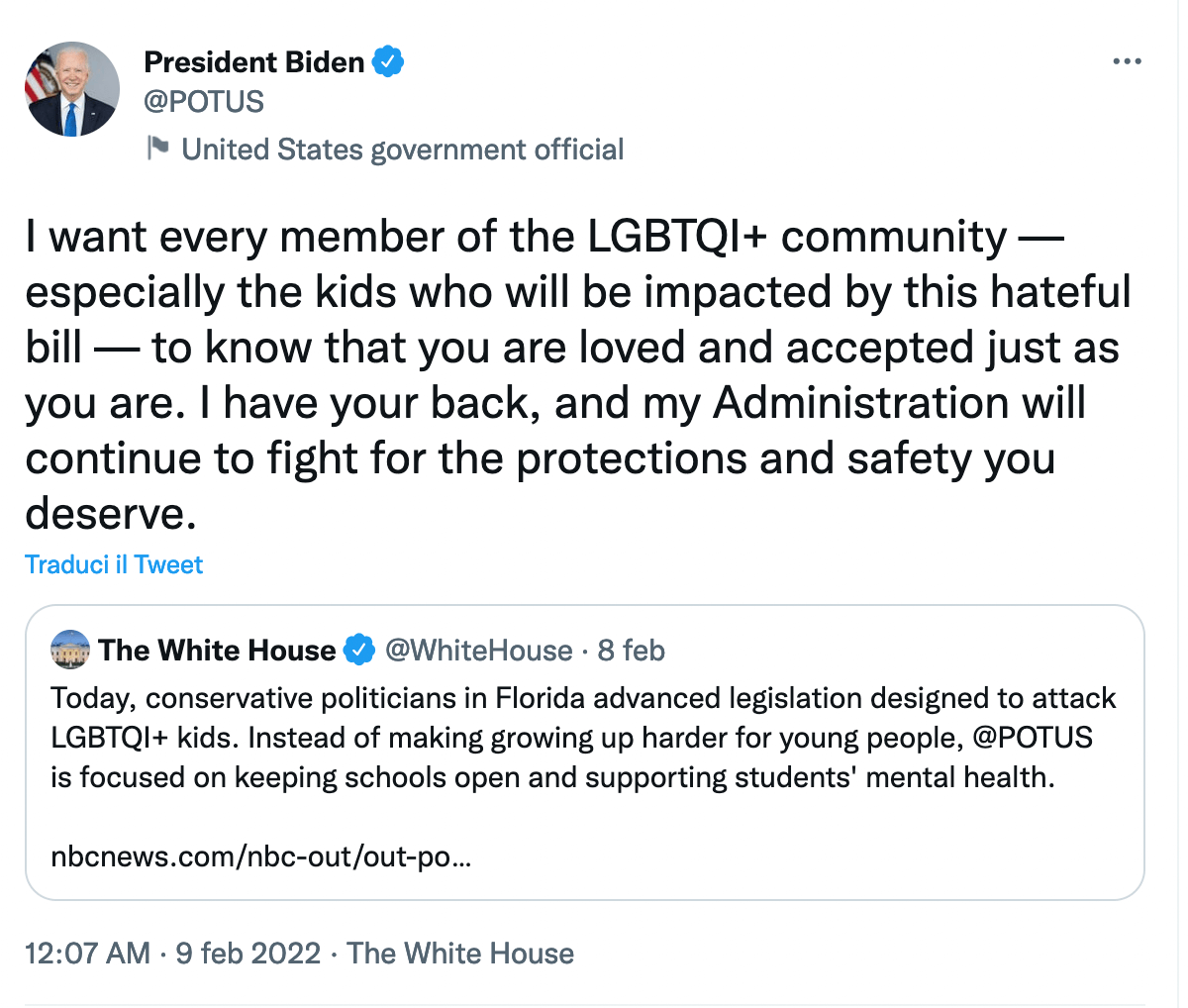 Joe Biden contro la legge omotransfobica della Florida: "Ai bimbi LGBTQ+ dico che siete amati e accettati" - Joe Biden - Gay.it
