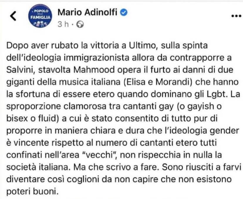 Sanremo 2022, Adinolfi si incazza con Mahmood: "Vince l'ideologia gender"