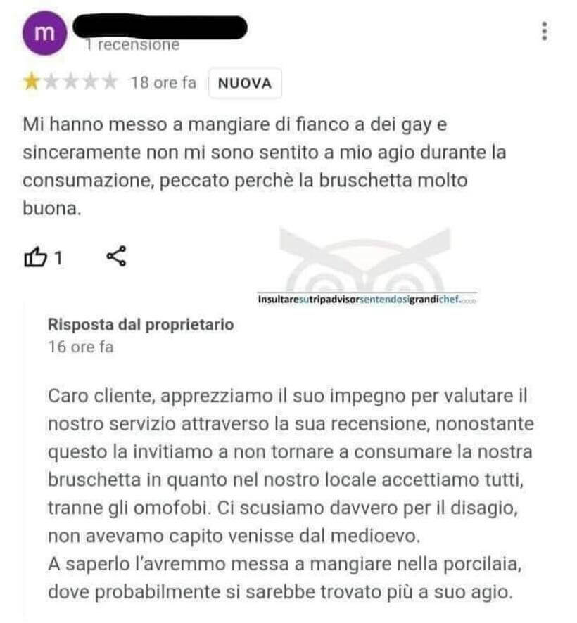 "Mi hanno messo a mangiare accanto ai gay". Il cliente omofobo si lamenta, la replica del proprietario è perfetta - Bar e Bruschetteria Faedo 2 3 - Gay.it