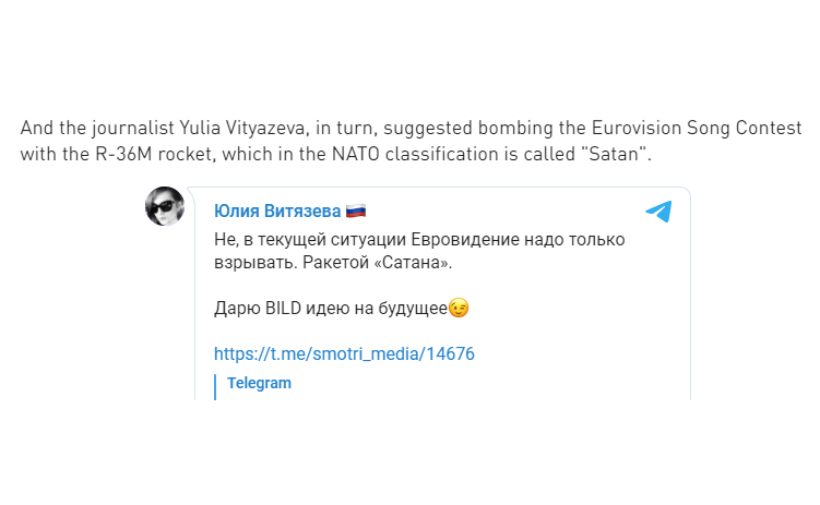 Eurovision 2022, la giornalista russa Yuliya Vityazeva dopo la vittoria dell'Ucraina: "Un missile su Torino" - Eurovision 2022 la giornalista russa Yuliya Vityazeva - Gay.it