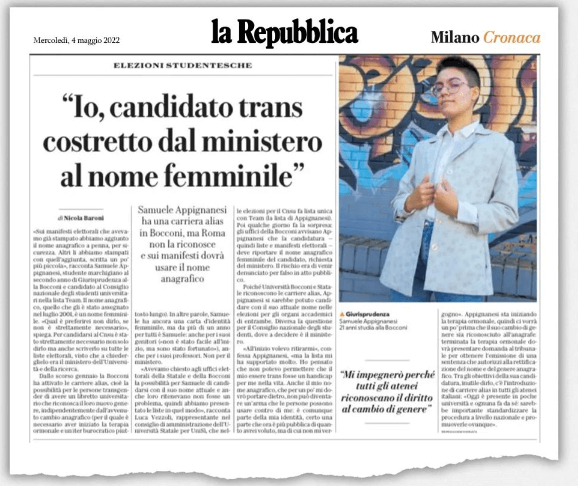 Ministero dell'Istruzione costringe candidato trans ad utilizzare il proprio dead name e il genere femminile - Samuele Appignanesi repubblica 3 - Gay.it