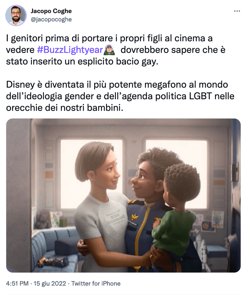 Lightyear, l'attacco di Jacopo Coghe: "Disney megafono dell’ideologia gender e dell’agenda politica LGBT" - Coghe Lightyear 2 - Gay.it