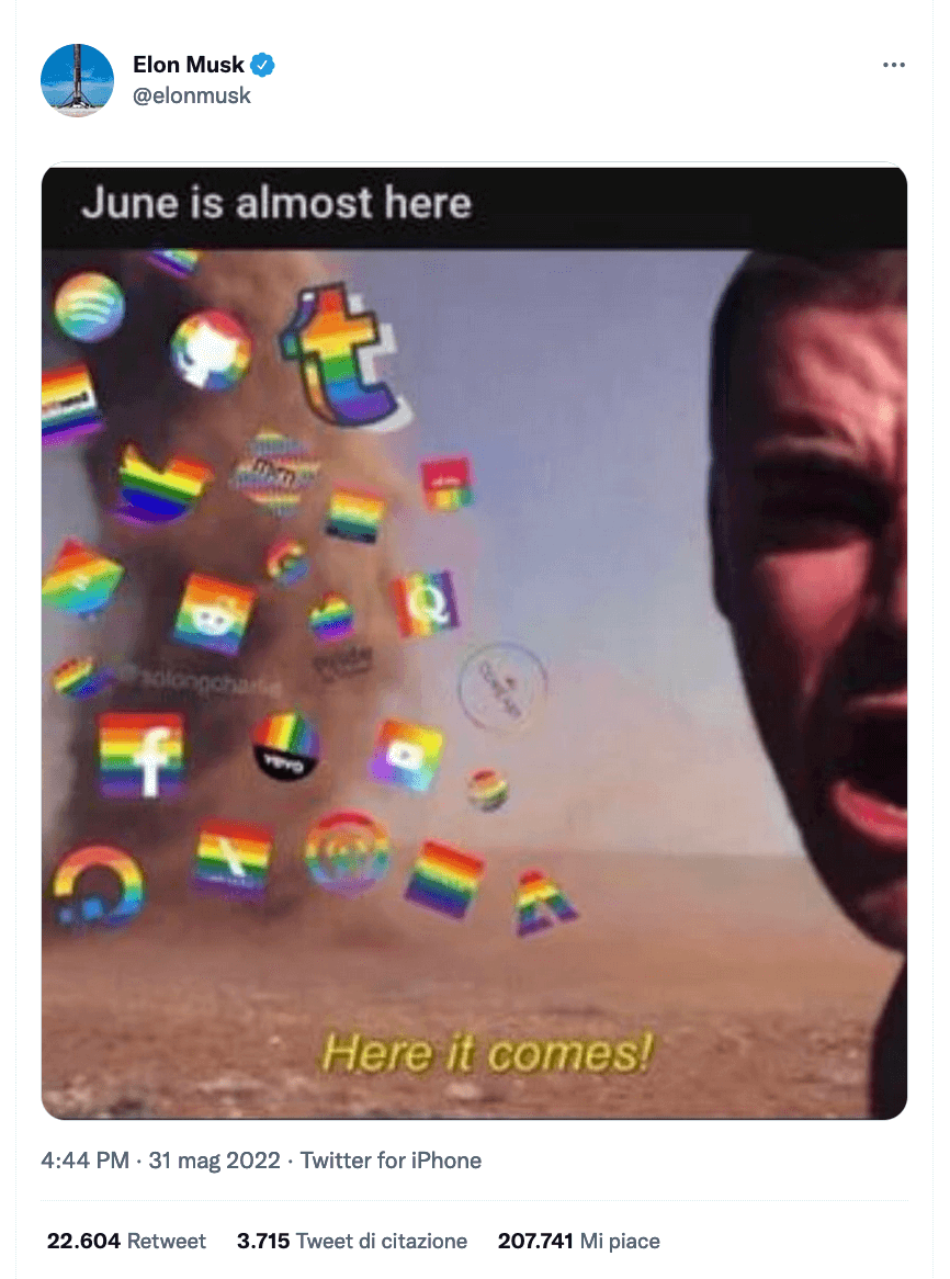 Elon Musk sfotte il Pride Month su Twitter, il meme è virale - Elon Musk sfotte il Pride Month su Twitter - Gay.it