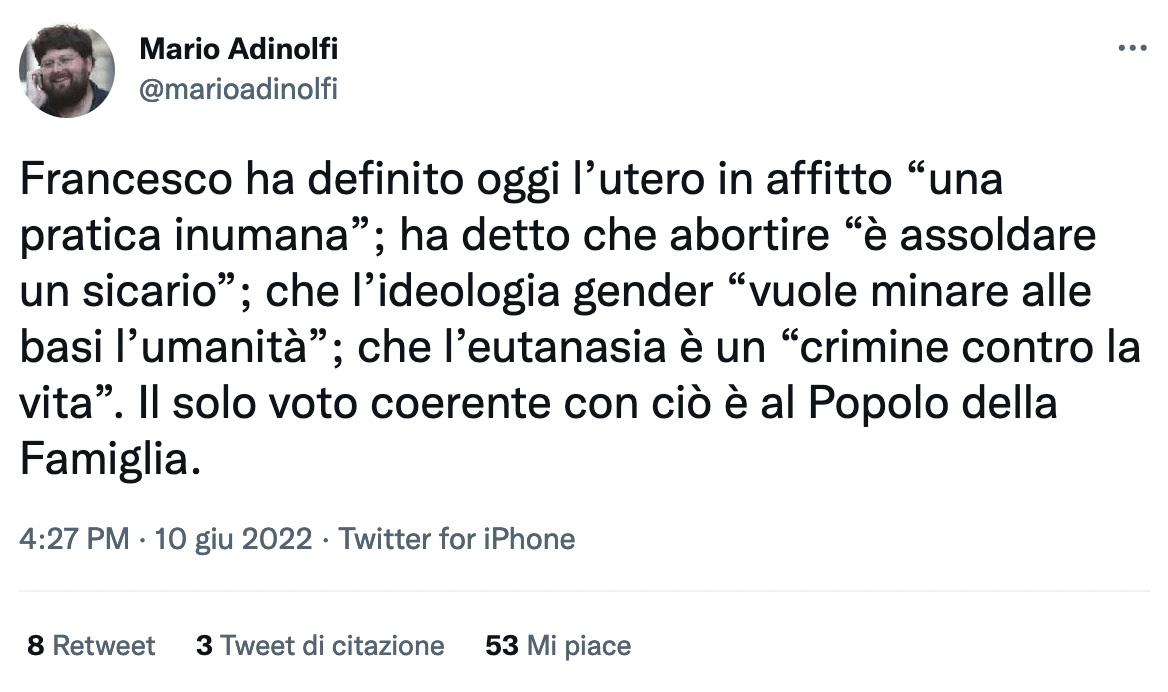 Papa Francesco: "GPA pratica inumana, famiglia fondata sul matrimonio uomo-donna" - Schermata 2022 06 10 alle 19.49.10 - Gay.it